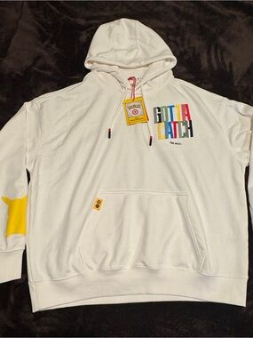 Pokemon White Hoodie "Gotta Catch" with Multicolor Logo and Yellow Elbow Accent